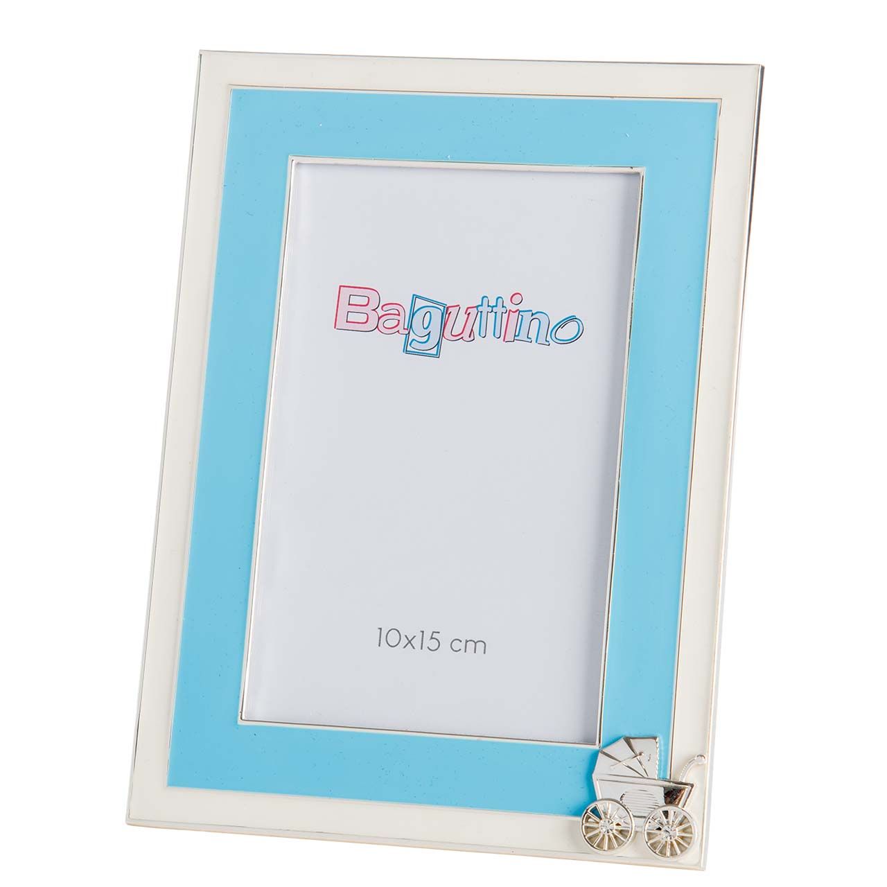 PORTAFOTO 10x15 IN SIVER PLATED CON PASSEGGINO AZZURRO